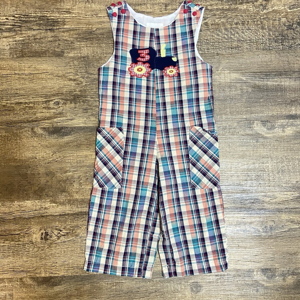 Lil‎ Cactus Boy's "3" Size 2T Plaid Jonjon Long Applique Train Birthday EUC